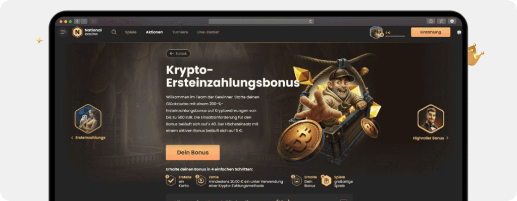 Screenshot National Casino Bonus für Krypto-Einzahlung mit 200 % bis 500 €