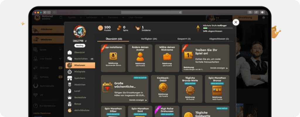 Screenshot National Casino Bonus Missionen für Punkte und extra Guthaben
