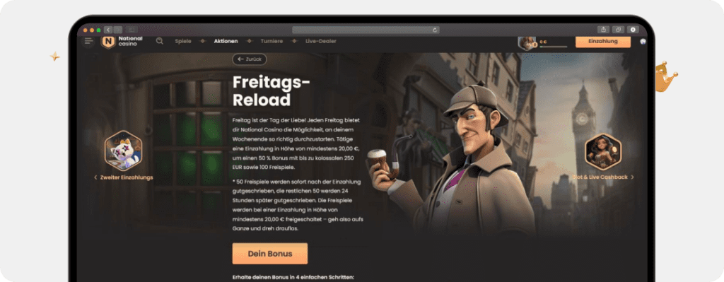 Screenshot National Casino Bonus Reload mit 50 % bis 250 € plus 100 Freispiele jeden Freitag