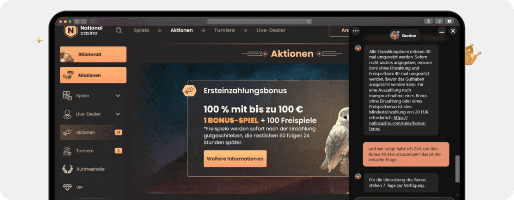 Screenshot Chat-Anfrage zur Umsatzfrist für den National Casino Bonus mit Antwort durch Mitarbeiter Gordon