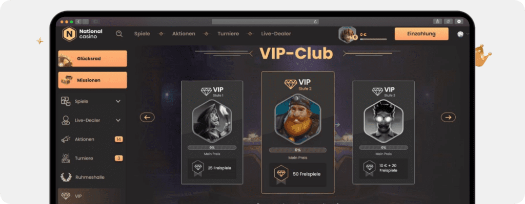 Screenshot National Casino VIP Programm für bis zu 100.000 € extra