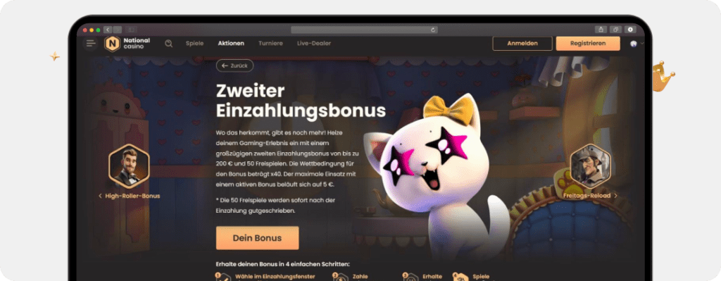 Screenshot zweiter National Casino Bonus für Neukunden mit 50 % bis 200 € und 50 Freispielen
