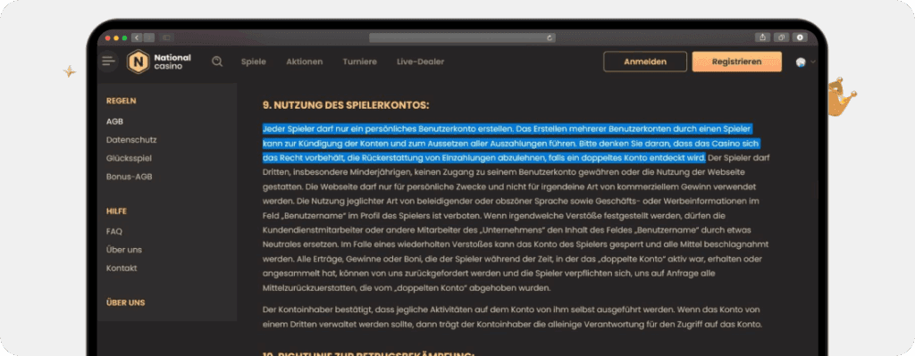 Screenshot AGB mit markierter Textstelle zum verbotenen National Casino Login mit mehreren Konten