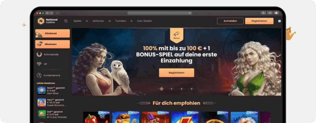 Screenshot Startseite mit Anmelden-Button oben rechts als erster Schritt im National Casino Login
