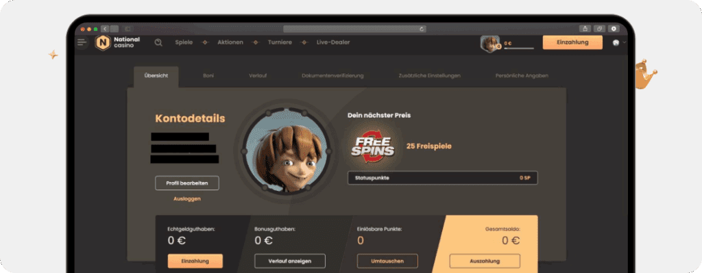 Screenshot Persönliches National Casino Konto mit Bonus, Guthaben und Auszahlung als dritter Schritt im Login