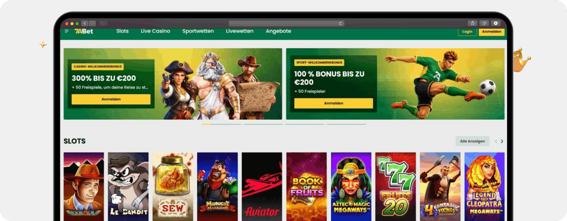 Screenshot Startseite von 7ABet mit Bonus von 300 % und beliebten Spielen wie Book of Ra oder Le Bandit, eines der neusten Online Casinos 2026
