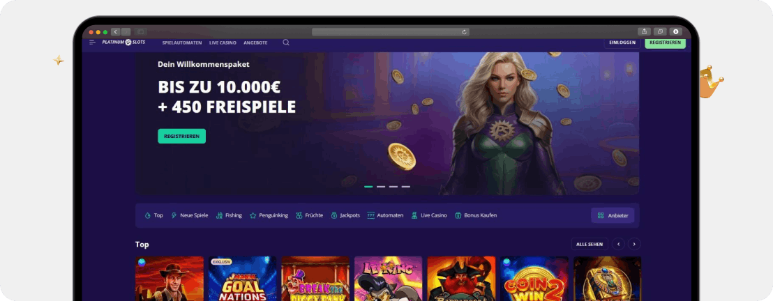 Screenshot Startseite Platinum Slots als eines der ganz neuen Online Casinos im Juni 2026
