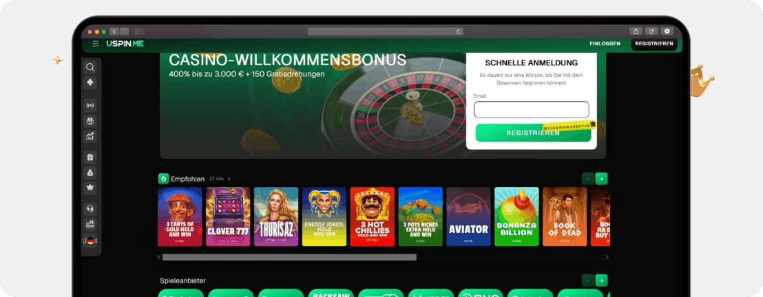 Screenshot Startseite von USpin mit Bonus von 400 % und beliebten Spielen wie 3 Cards of Gold Hold and Win, eines der neusten Online Casinos 2026