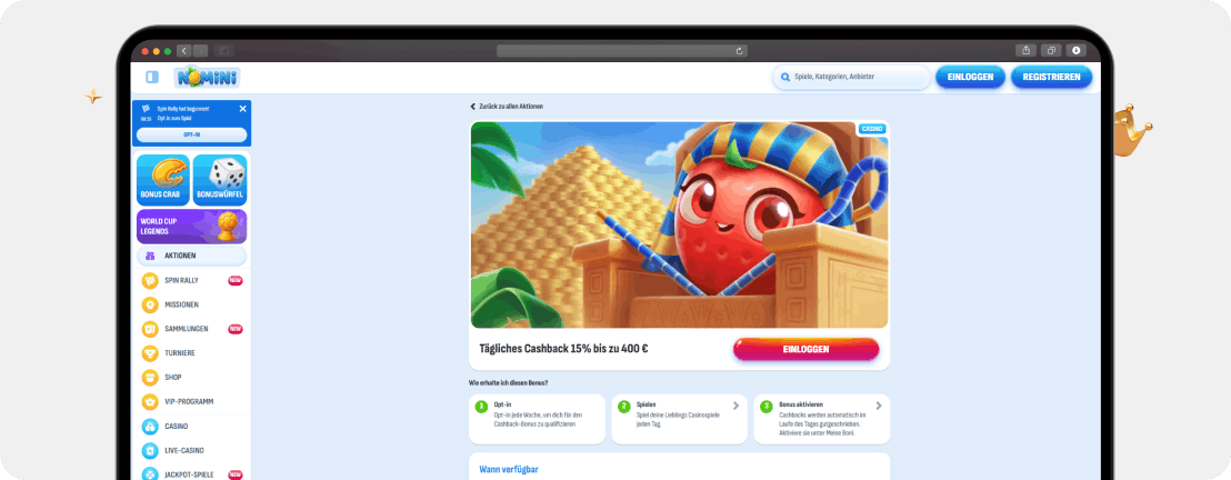 Nomini Casino Tägliches Cashback 15 Prozent bis 400 Euro VIP Desktop