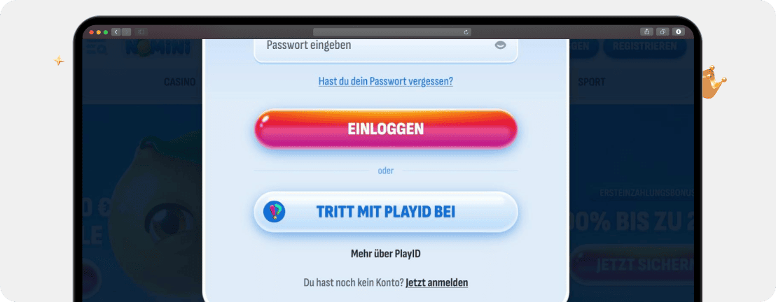 Screenshot Login-Maske im Nomini Casino mit FunID als erster Schritt der Registrierung