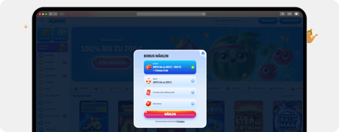 Nomini Casino Registrierung Bonusauswahl 100 Prozent bis 500 Euro 200 FS Bonus Crab