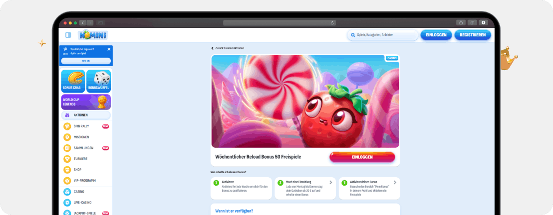 Nomini Casino Wöchentlicher Reload Bonus 50 Freispiele Montag Donnerstag Desktop