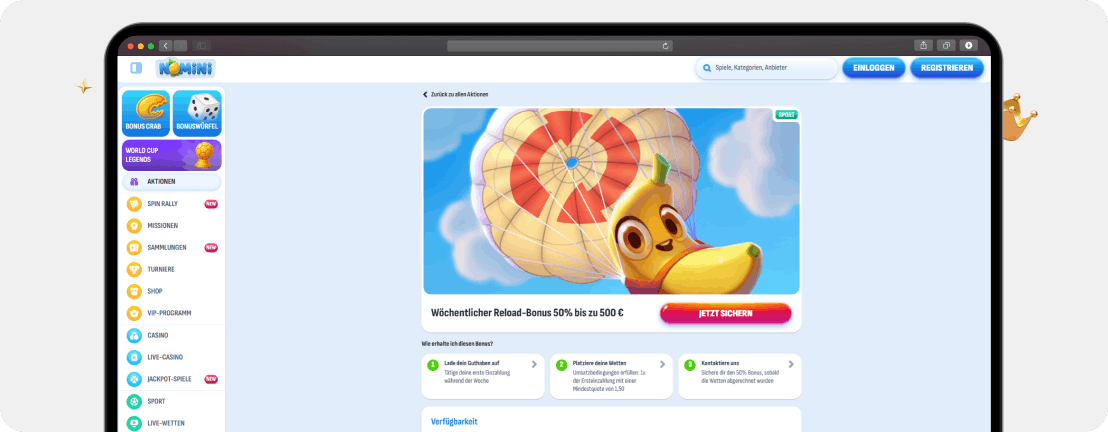 Nomini Casino wöchentlicher Reload-Bonus 50 % bis 500 € für Sportwetten mit Mindestquote 1,50