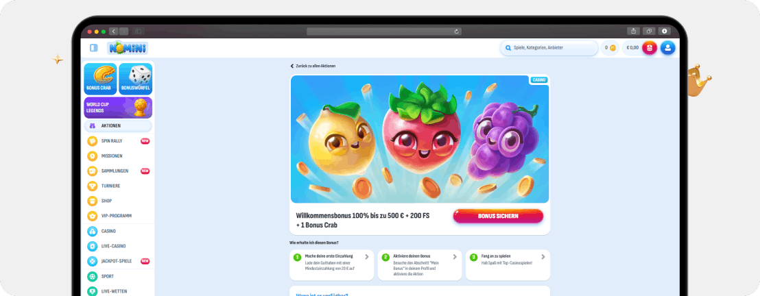 Nomini Casino Willkommensbonus 100 Prozent bis 500 Euro 200 FS 1 Bonus Crab Desktop