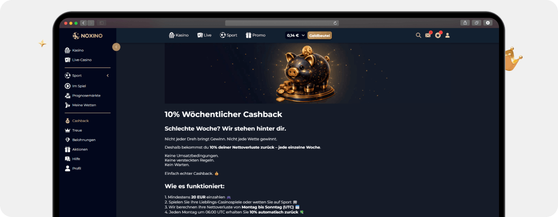 Noxino Casino 10 Prozent wöchentlicher Cashback ohne Umsatzbedingungen