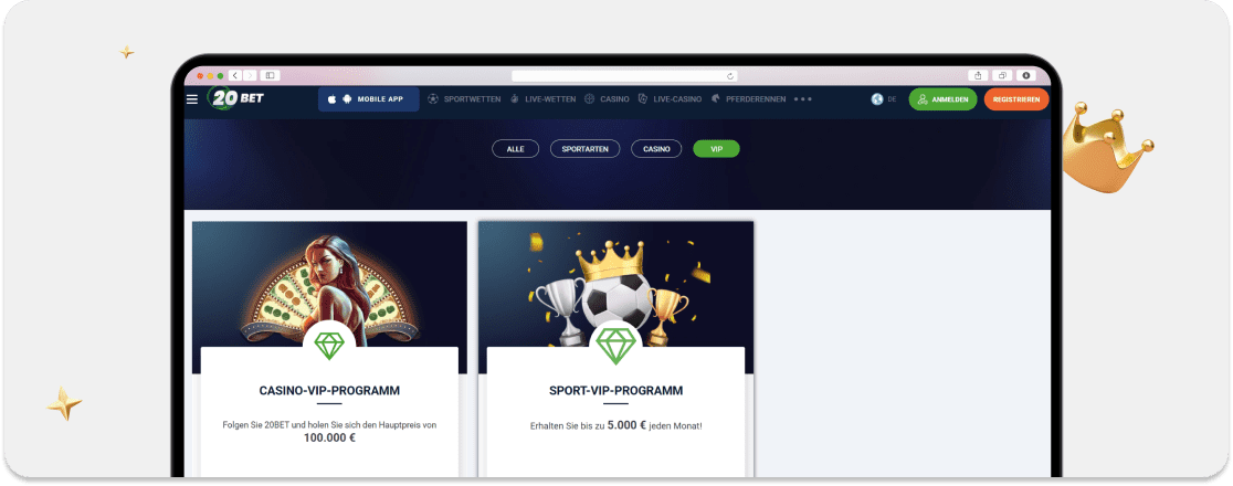 Screenshot VIP-Angebote von 20Bet mit bis zu 100.000 € für Vielspieler und immer wieder Optionen auf einen High Roller Casino Bonus