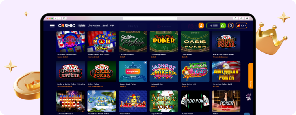 Screenshot der Cosmic Slots Poker-App auf einem Desktop, mit verschiedenen Poker-Spielen wie Aces and Faces Poker, Aces and Eights Poker und Caribbean Poker.