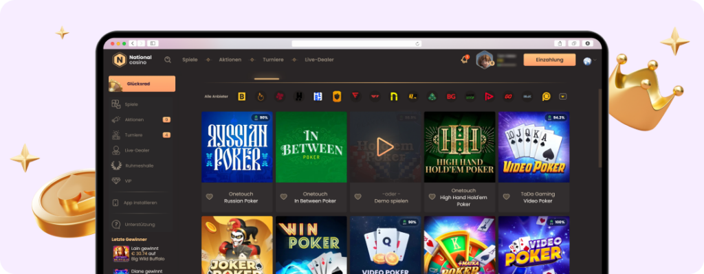 Mobile Version der National Casino Poker-App mit Spielen wie Russian Poker, In Between Poker und Hold'em Poker.