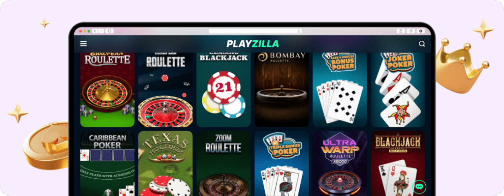 Desktop-Version der Playzilla Poker-App mit Poker-Spielen wie Aces and Deuces Bonus Poker, Joker Poker und Caribbean Poker sowie Roulette und Blackjack.