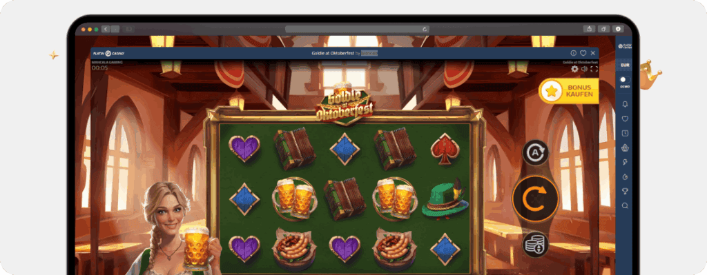 Goldie at Oktoberfest Slot von Mancala Gaming mit Dirndl-Figur