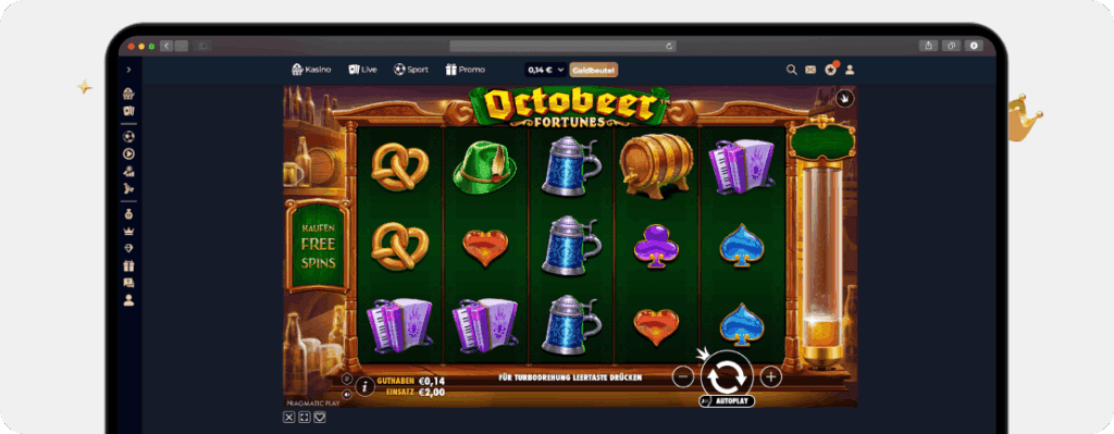 Octobeer Fortunes Slot von Pragmatic Play mit Bierkrug und Fass