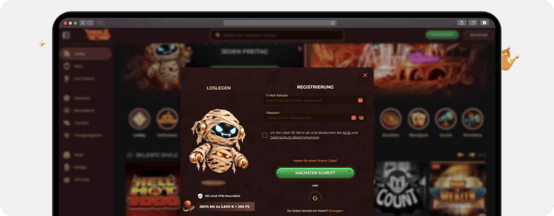 Vegazone Casino Registrierung mit Hinweis „Wir sind VPN-freundlich” und 260 % Bonus bis 2.600 € plus 260 Freispiele