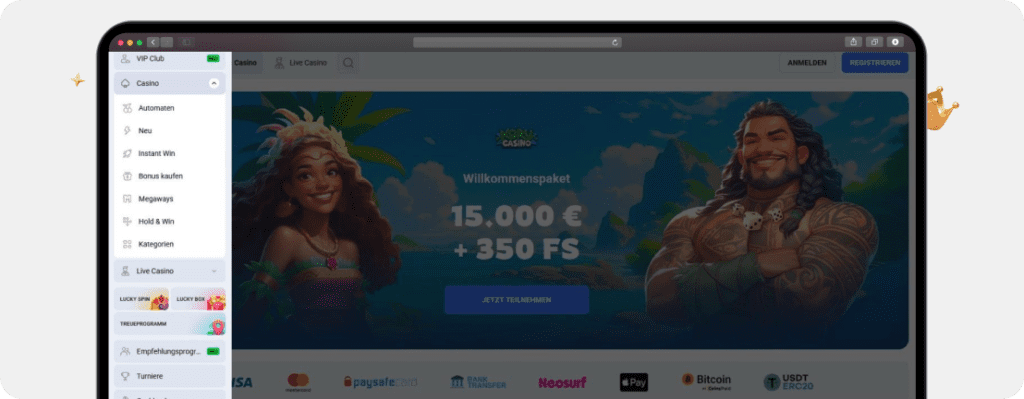 Screenshot Navigation und Benutzerfreundlichkeit als Kriterium für den Online Casino Betrugstest im Koru Casino mit ausgeklappter Hamburger-Menüführung