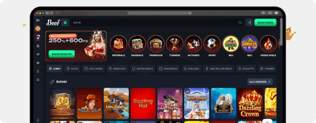 Screenshot Oberfläche bei Beef Casino mit klarer Menüführung, Suchfunktion und weiteren hilfreichen Features, als Beispiel für einen Anbieter, der im Online Casino Betrugstest keinen Punktabzug bei der Benutzerfreundlichkeit zu befürchten hätte