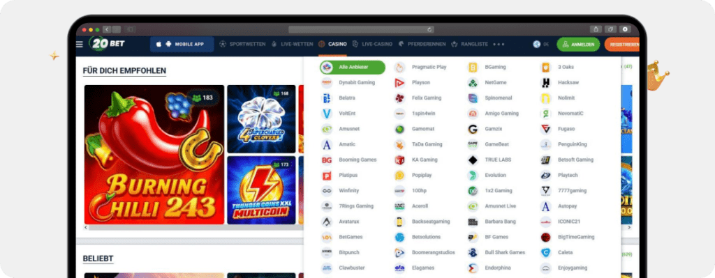 Screenshot hochwertige Spieleanbieter als Kriterium für den Online Casino Betrugstest im 20Bet Casino