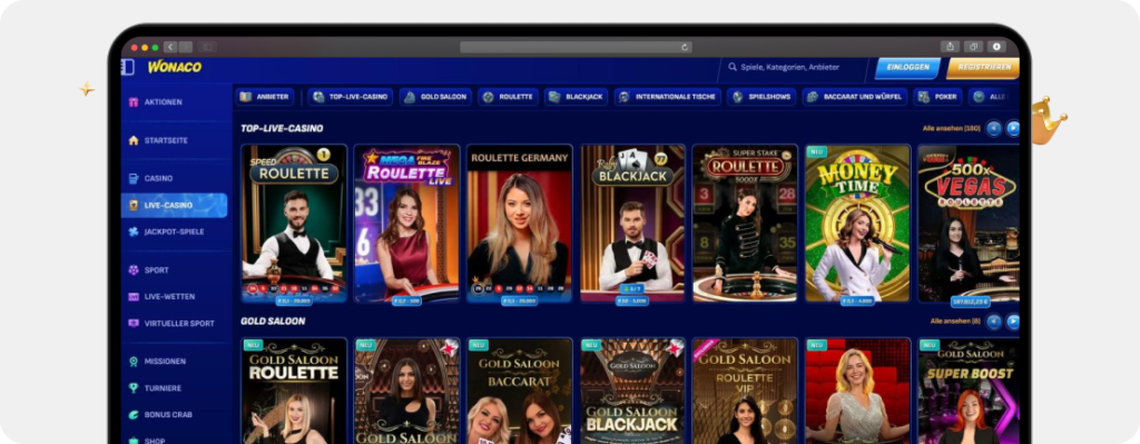 Screenshot Spiele von renommierten Anbietern wie Pragmatic als Kriterium für den Online Casino Betrugstest im Live Casino von Wonaco