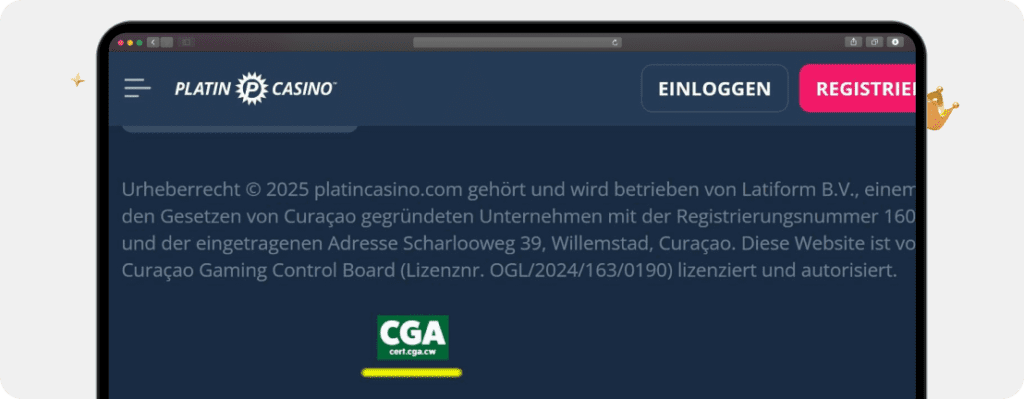 Screenshot Lizenzsiegel als Kriterium für den Online Casino Betrugstest im Platincasino