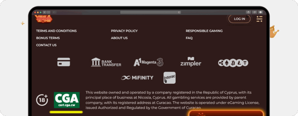 Screenshot Fußzeile bei Vegazone mit Lizenzsiegel der CGA, als Beispiel für einen Anbieter, der im Online Casino Betrugstest keinen Punktabzug bei Genehmigung und Transparenz zu befürchten hätte