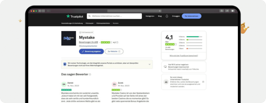 Screenshot Online-Bewertungen als Kriterium für den Online Casino Betrugstest bei Trustpilot für MyStake