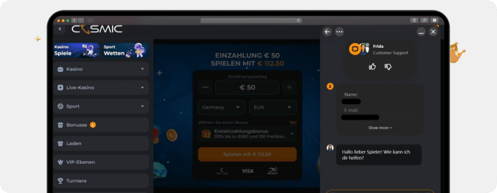 Screenshot Live-Chat als Kriterium für den Online Casino Betrugstest im CosmicSlot Casino mit freundlicher Begrüßungsnachricht des Supports