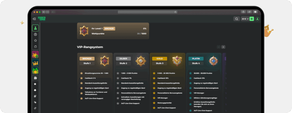 Online Casino VIP Rangsystem mit Bronze Silber Gold und Platin Stufen und Cashback