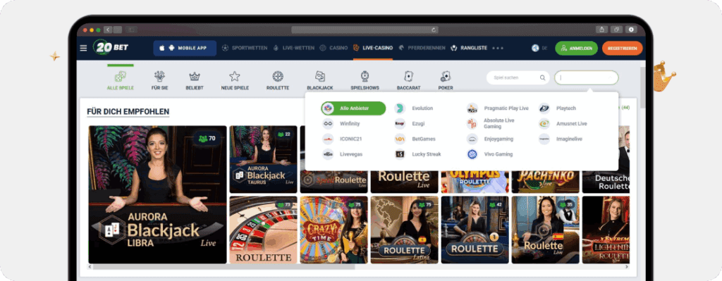 Screenshot 20Bet Live Casino mit Provider-Auswahl als Beispiel für Online Casino Spiele dieser Kategorie