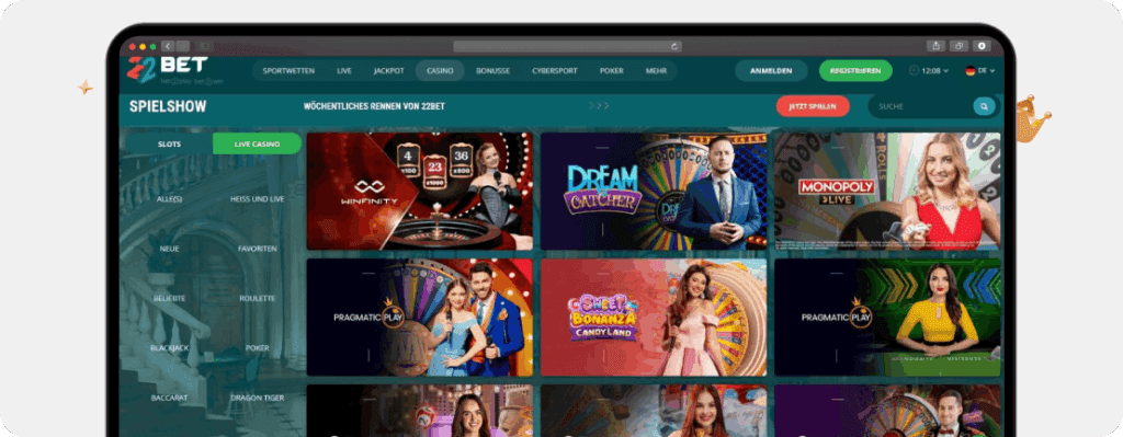 Screenshot 22Bet Casino Gameshows mit Dream Catcher, Monopoly Live und Mega Wheel als Beispiel für Online Casino Spiele dieser Kategorie