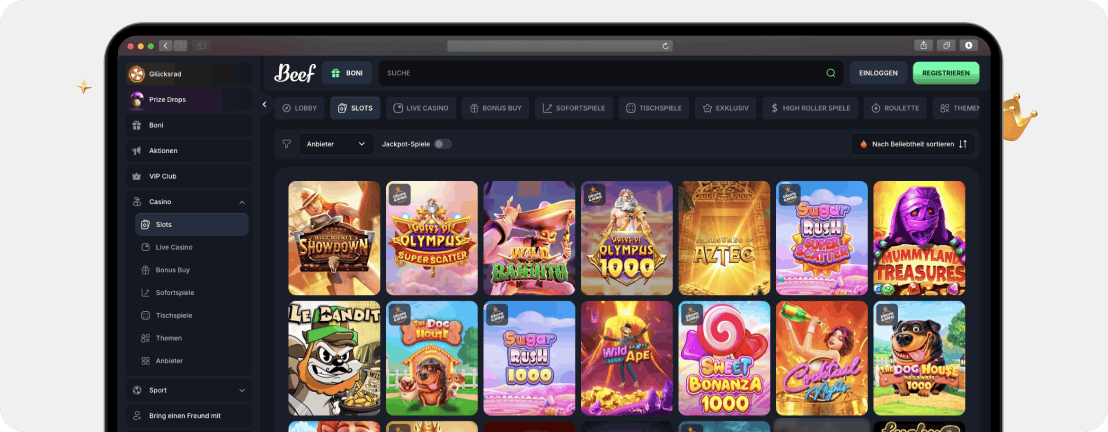 Beef Casino Slots mit Demo-Button in den Spielbannern für kostenlose Tests ohne Anmeldung
