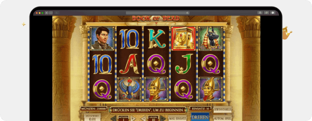 Screenshot Book of Dead mit Walzen und Einsatzmöglichkeiten als Beispiel für Online Casino Spiele der Kategorie Slots