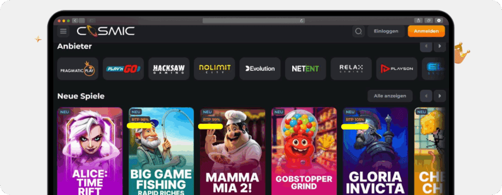 Screenshot CosmicSlot Online Casino Spiele mit unterstrichenen RTP-Werten für gute Bonus-Umsatzerfüllung