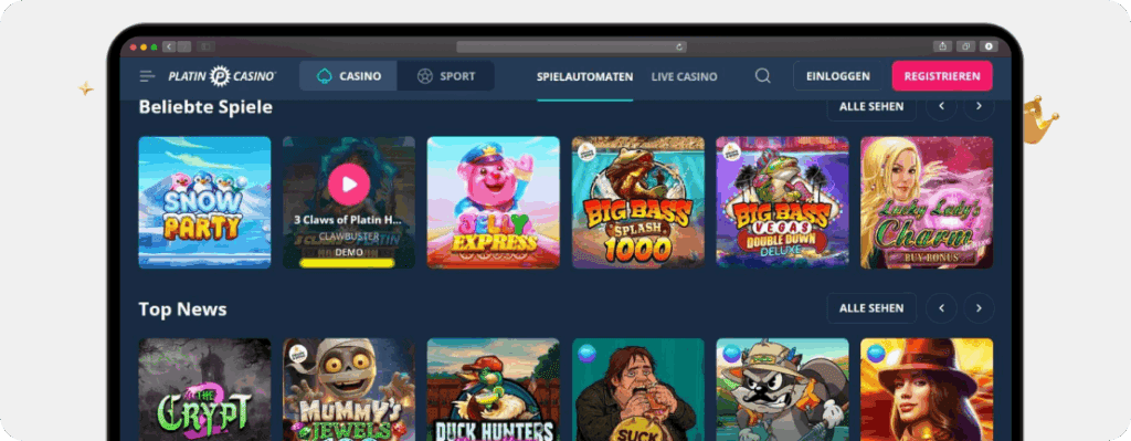 Screenshot Platincasino Online Casino Spiele mit unterstrichenem Demo-Button für Tests ohne Anmeldung