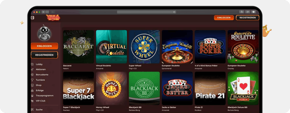 Screenshot Tischspiele bei Vegazone mit Virtual Roulette und anderen beliebten Online Casino Spielen dieser Kategorie