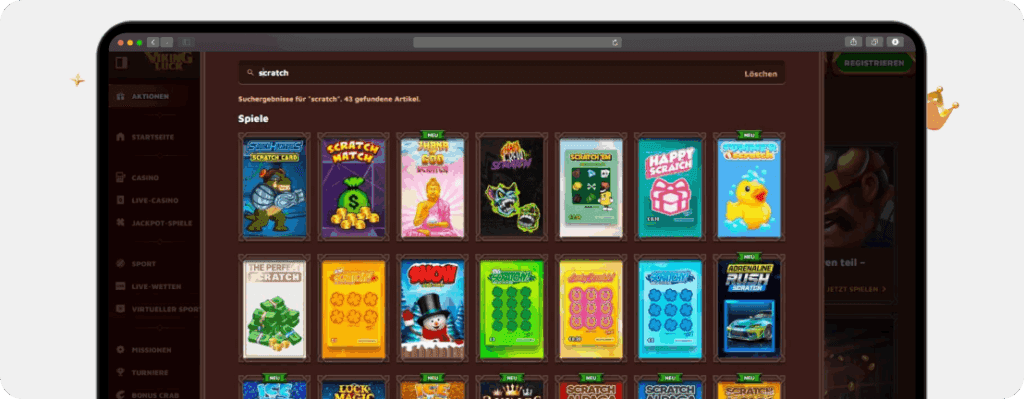 Screenshot Vikingluck Casino Rubbellose mit Scratch Match und Happy Scratch als Beispiel für Online Casino Spiele dieser Kategorie