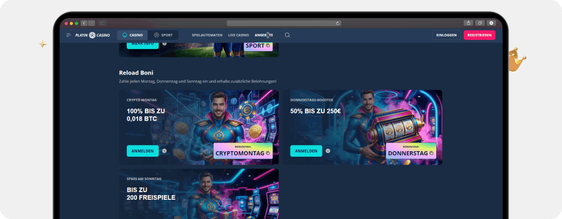 Platincasino Reload Boni mit Crypto Montag, Donnerstags-Booster und Spass am Sonntag inklusive Bonuscodes