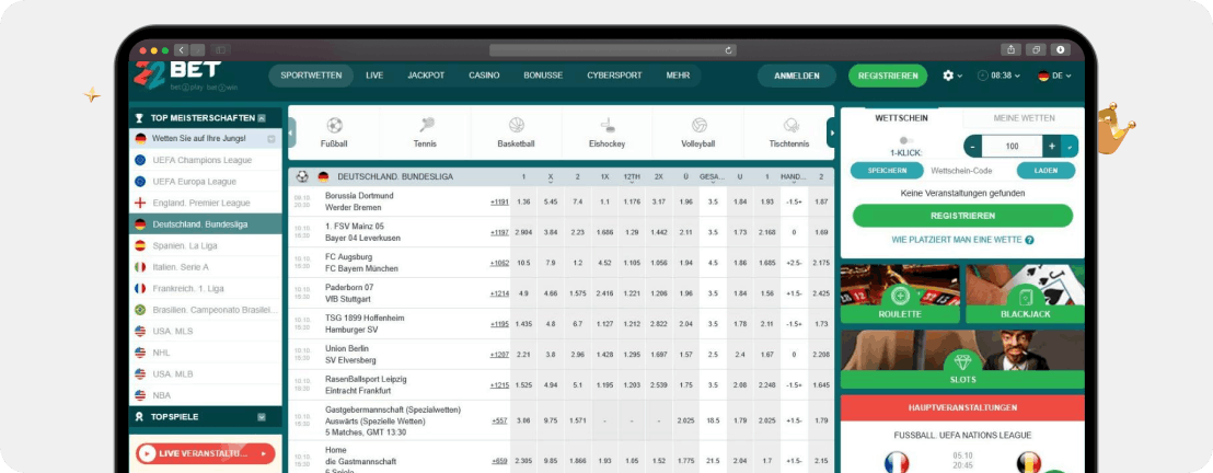 Screenshot 22Bet Casino mit riesigem Sportwettenbereich und hohen Quoten als Beispiel für eine der besten Platin Casino Alternativen