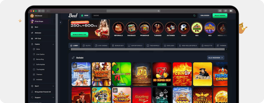 Screenshot Lobby im Beef Casino mit Bonus über 250 % und Klassikern von Novoline als Beispiel für eine noch besser ausgestattete Platincasino Alternative