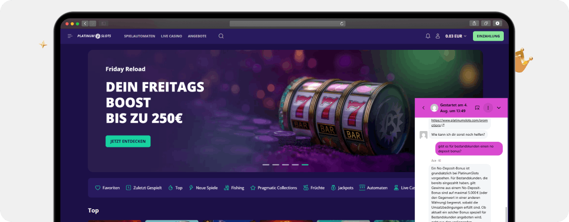 PlatinumSlots Casino Support Chat No Deposit Bonus Bestandskunden Anfrage Desktop