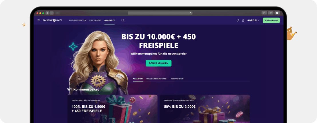 PlatinumSlots Casino Bonusangebote Willkommenspaket 10000 Euro 450 Freispiele PLATINUM1 PLATINUM2 Desktop