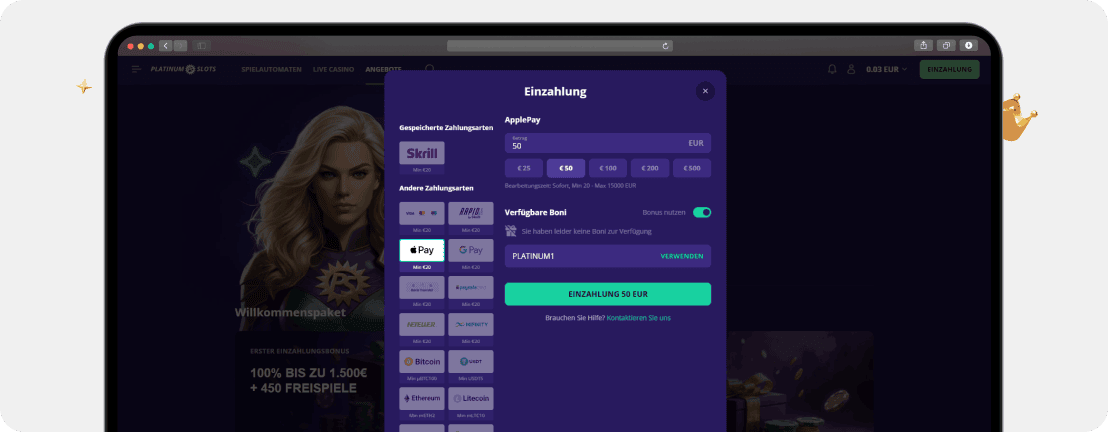 PlatinumSlots Casino Einzahlung Bonuscode PLATINUM1 Zahlungsmethoden Desktop