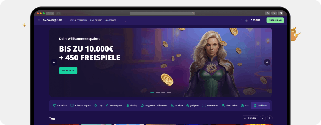 PlatinumSlots Casino Spielautomaten-Lobby mit Novomatic und Pragmatic Play Slots im Test